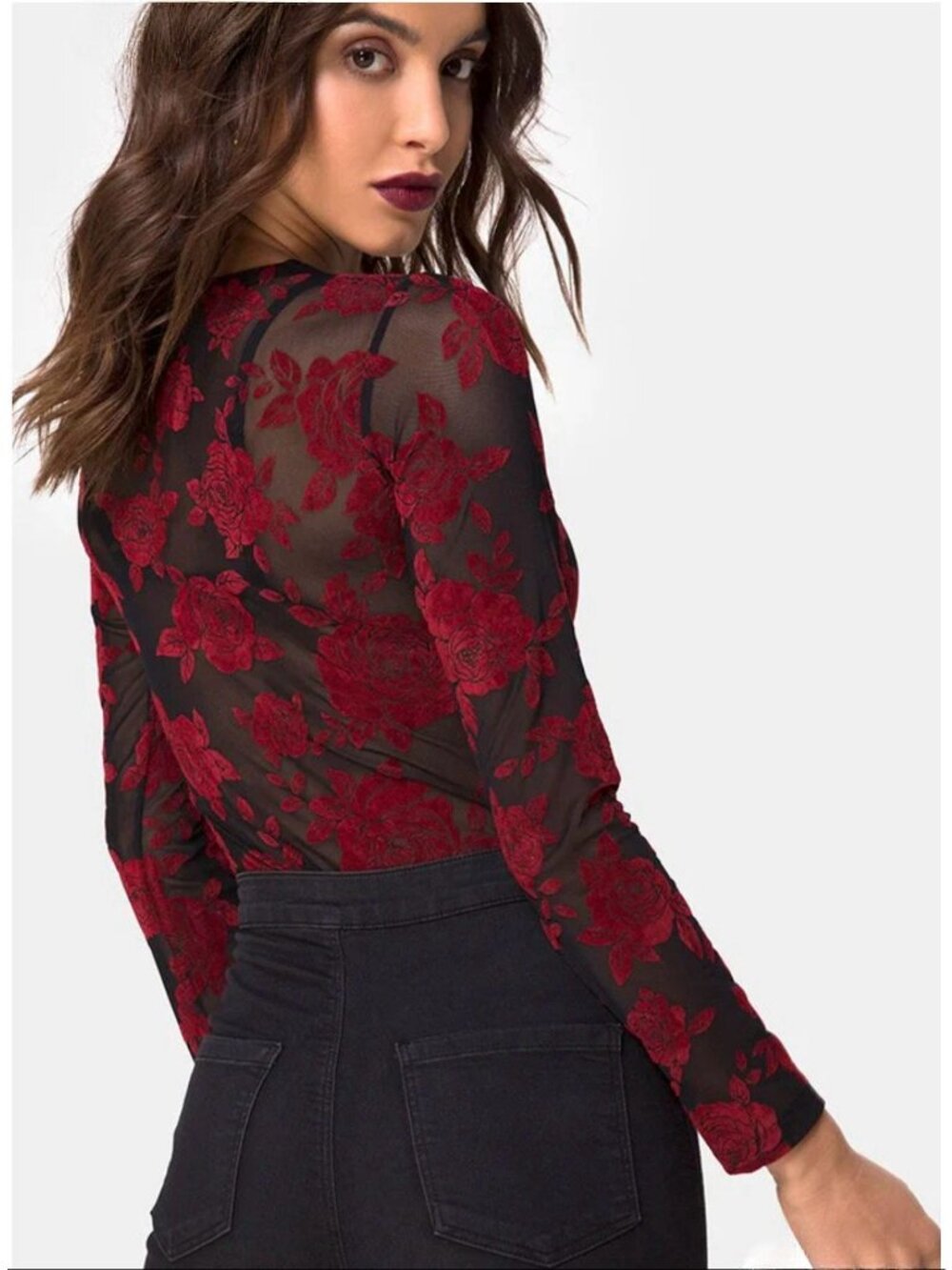 Motel Rocks Red Rose Flocked Mesh Bodysuit Size S NWT - Picture 2 of 7